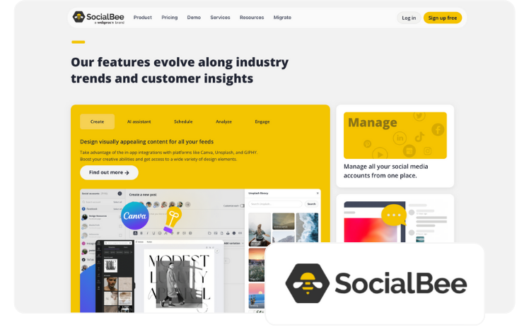 SocialBee homepage and logo